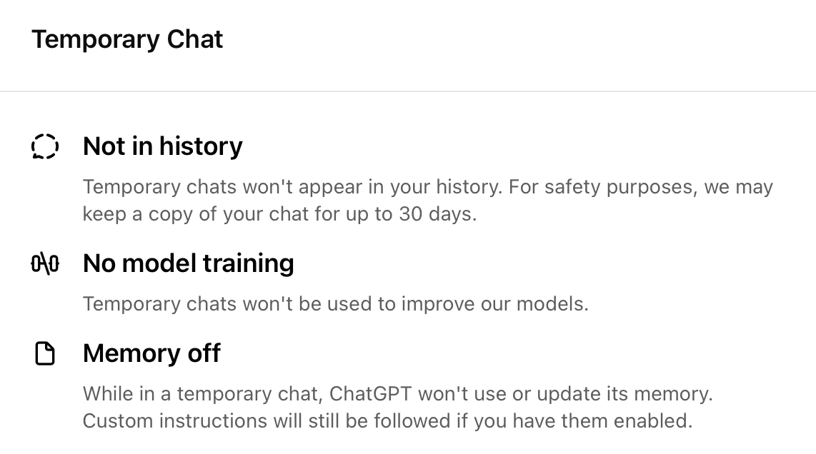 A screenshot of the Temporary Chat menu showing that Temporary Chat is not saved in the history, isn’t used for training models, and isn’t included in memories.